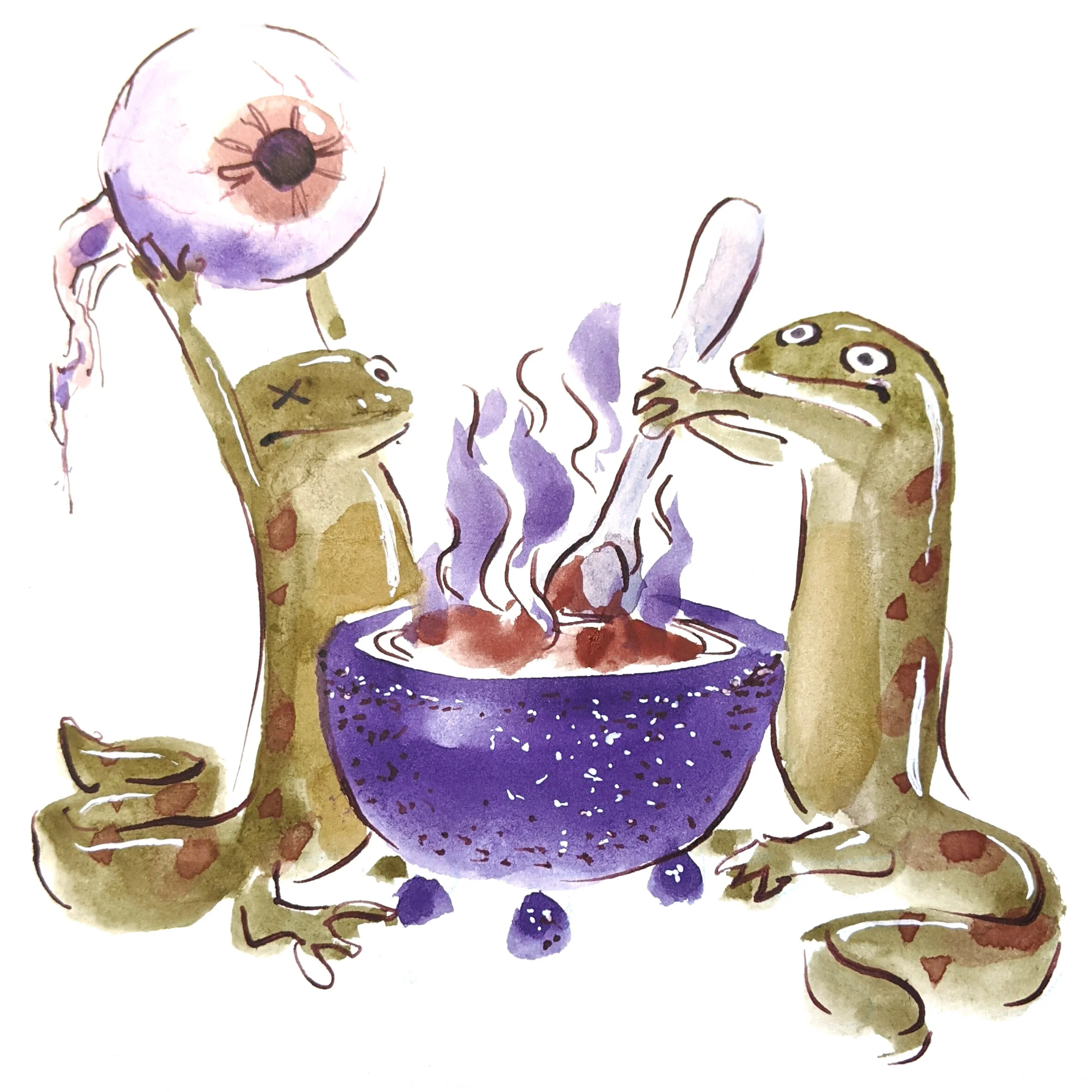 Two newts making a witch's brew with a human eyeball