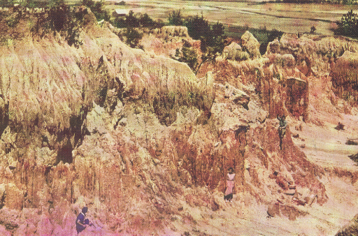 Eroded rock formations in a badlands type landscape with sparse vegetation and people exploring.