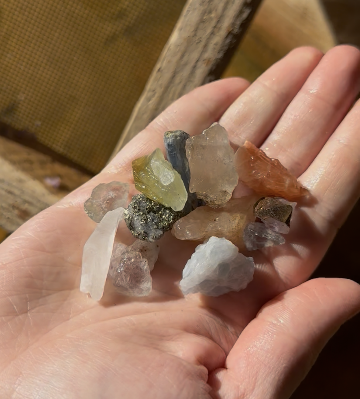 Hand holding various colorful, rough semi-precious stones and minerals.