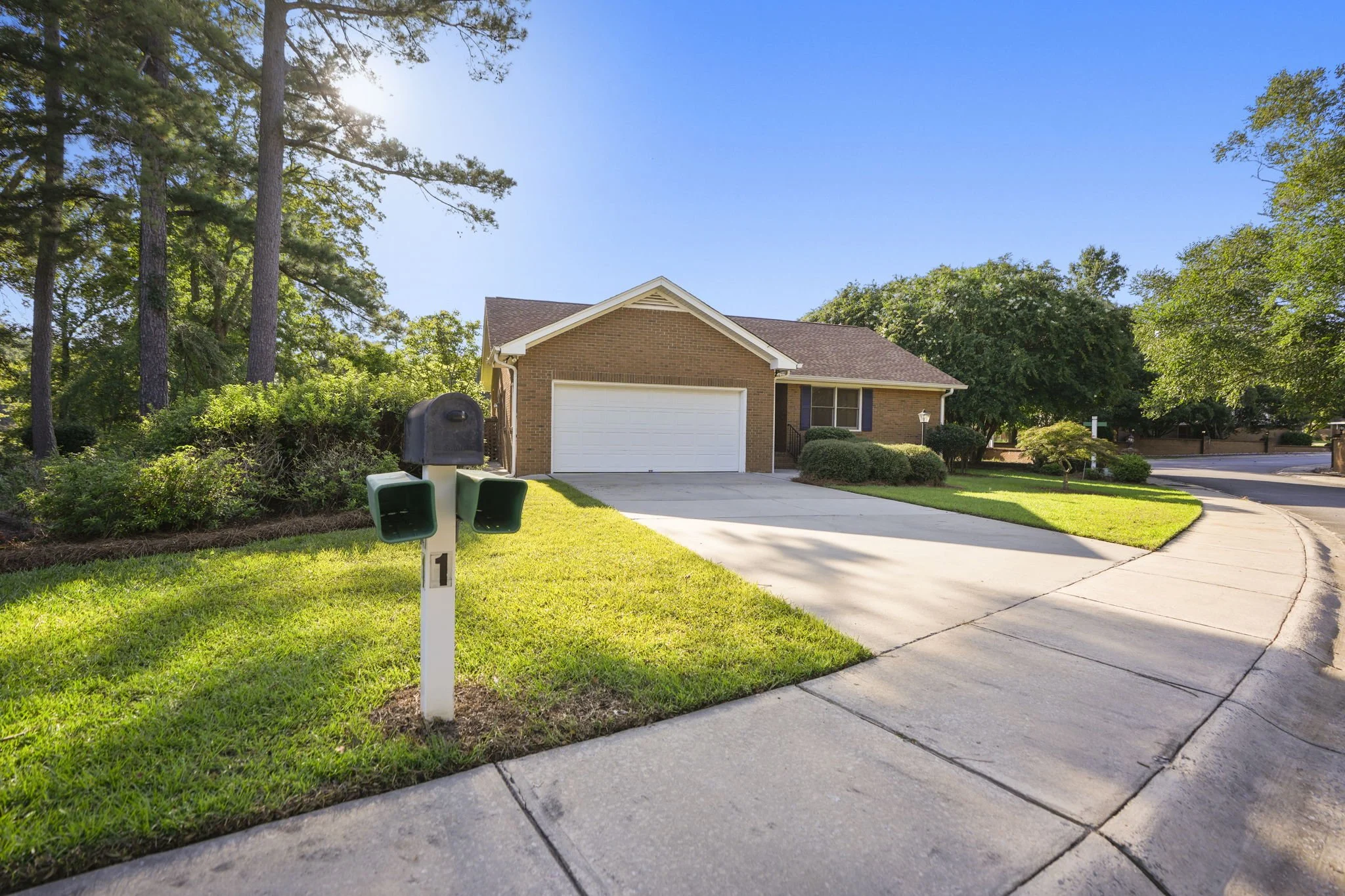 A suburban house with a white garage door, surrounded by a well-maintained lawn and bushes, with a curved sidewalk and driveway, and a black mailbox near the sidewalk in front of the house.