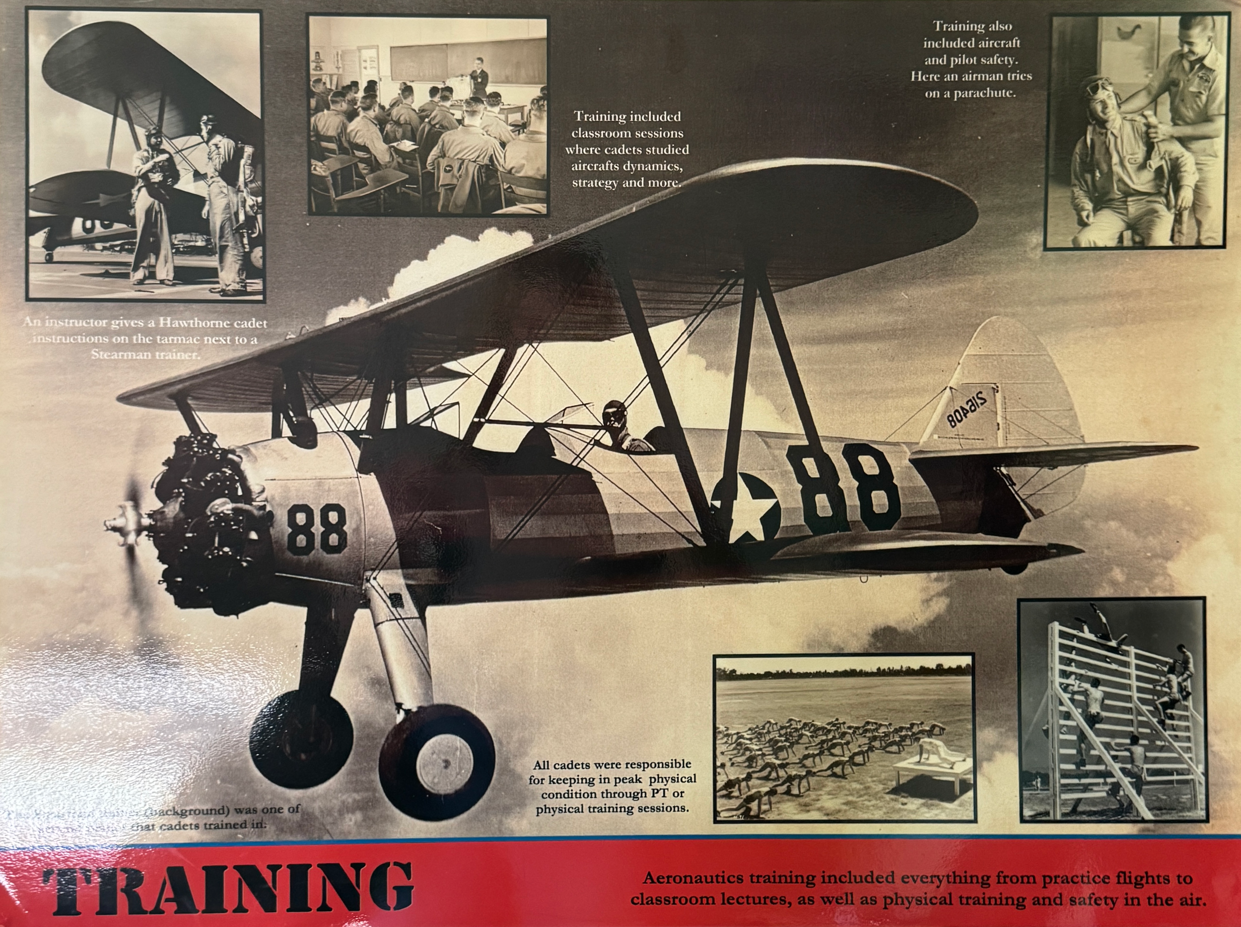 A vintage military training poster showing a biplane with cadet training information, classroom scenes, and physical training exercises.