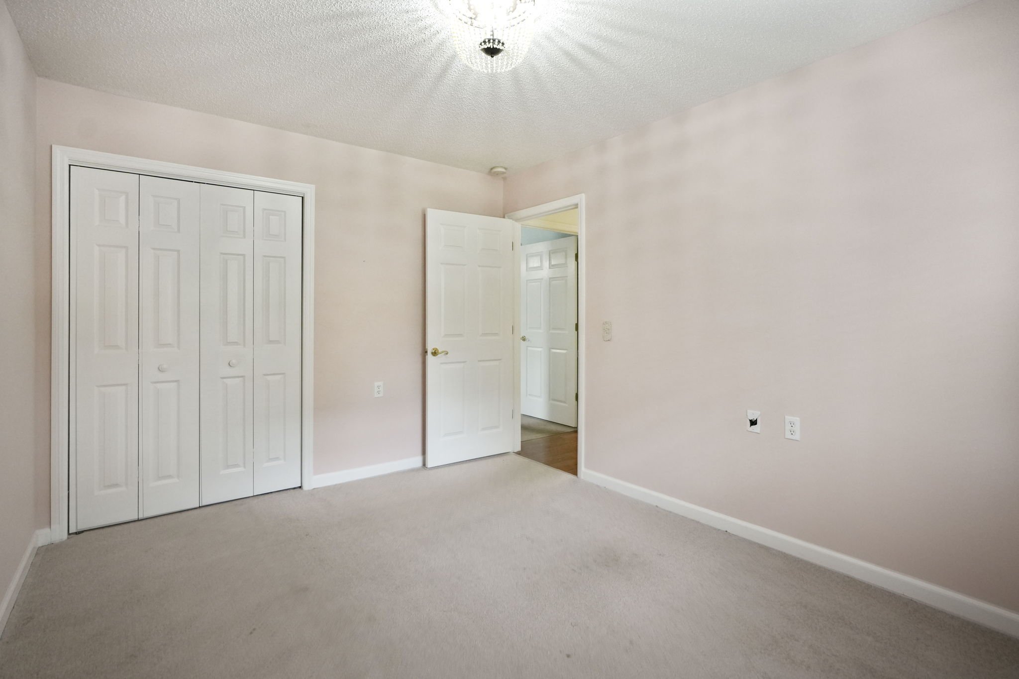 Empty bedroom with beige carpet, pink walls, a double closet with white bi-fold doors, an open door showing a glimpse of another room, and a ceiling light fixture.