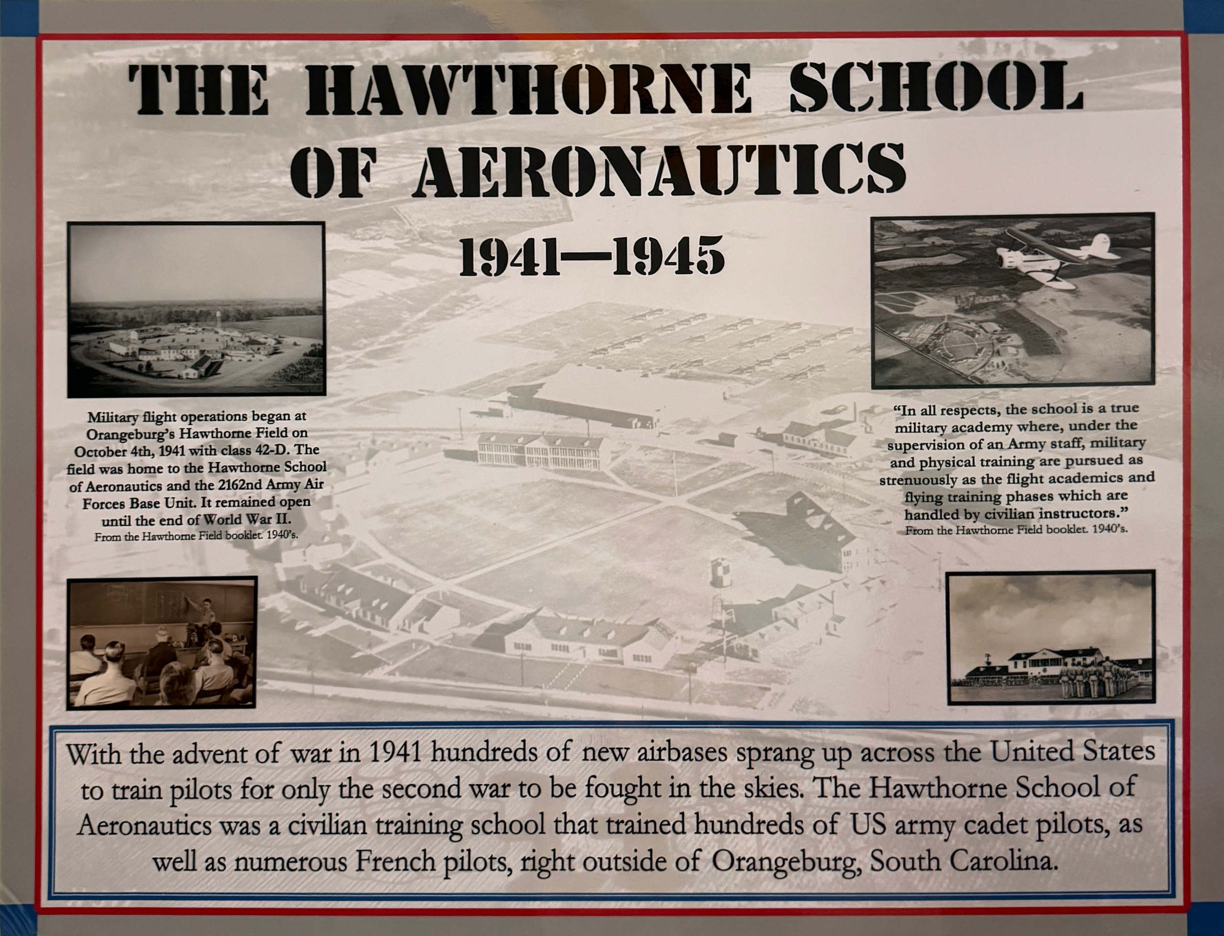 A historical poster about The Hawthorne School of Aeronautics from 1941 to 1945, featuring aerial photos, a classroom scene, and an aircraft, with text describing its role in military pilot training during WWII.