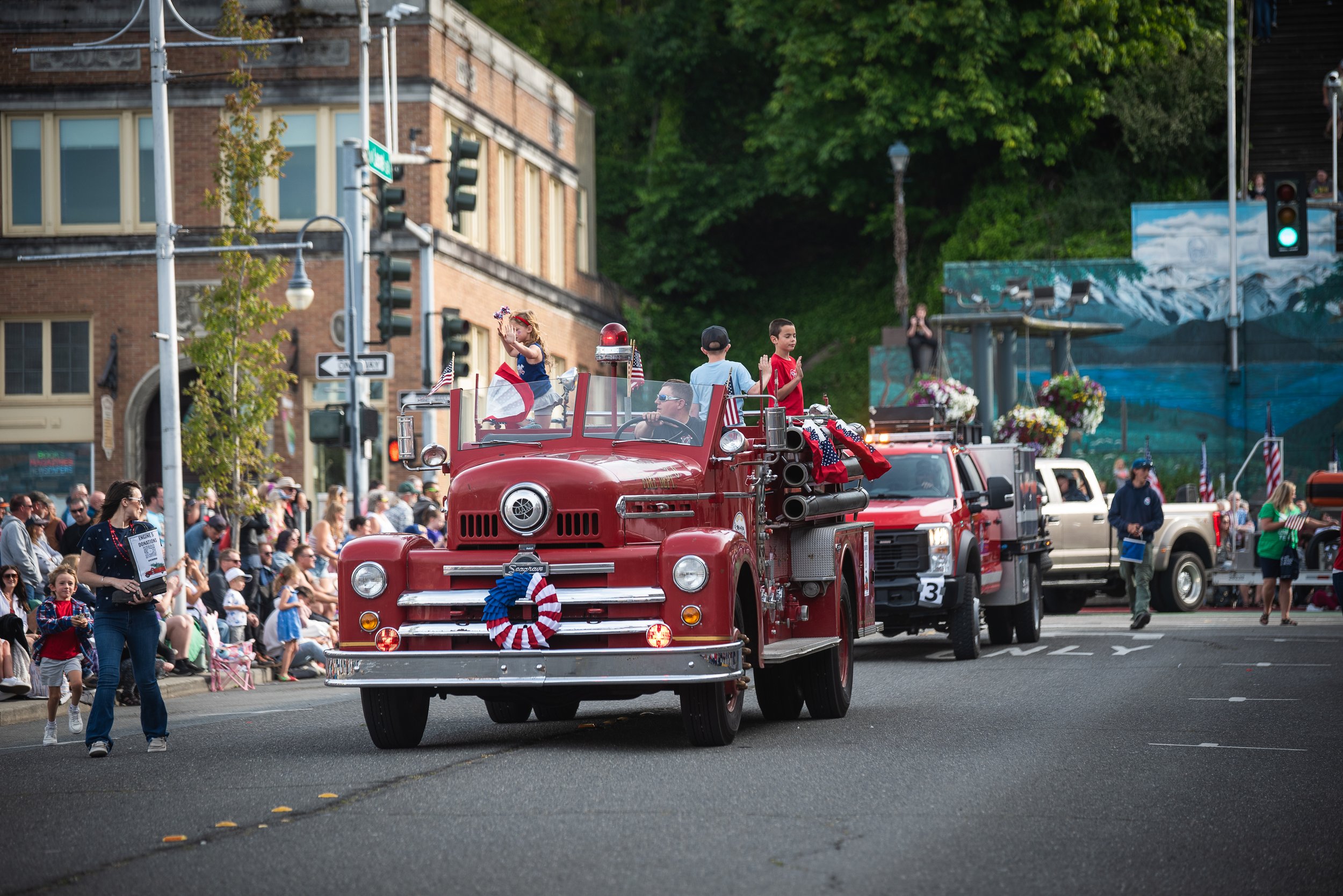 A firetruck going down Laurel St. in Port Angeles during the Fourth of July parade