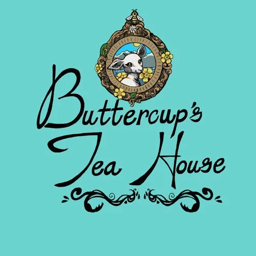Logo for Buttercup's Tea House with a stylized bunny inside an ornate mirror frame on a turquoise background.