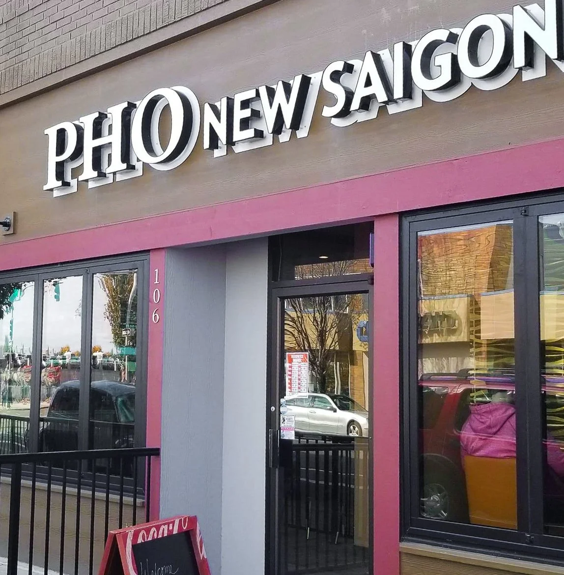 Exterior of a small Vietnamese restaurant called Pho New Saigon