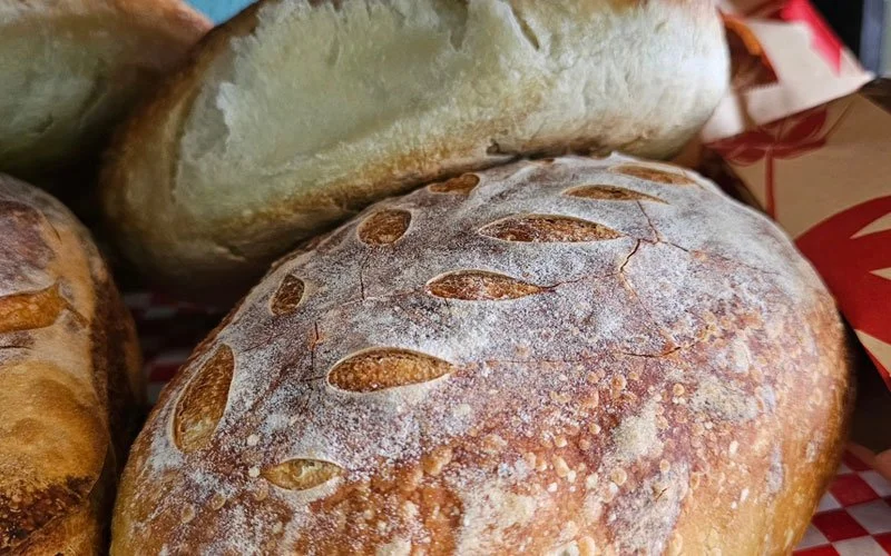 Close-up of baked bread with scored pattern on top, crusty and dusted with flour.