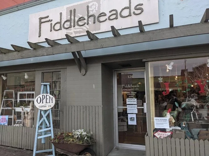 Exterior of a small shopping storefront named Fiddleheads with a sign indicating it is open, a flower box, and Christmas decorations visible inside.