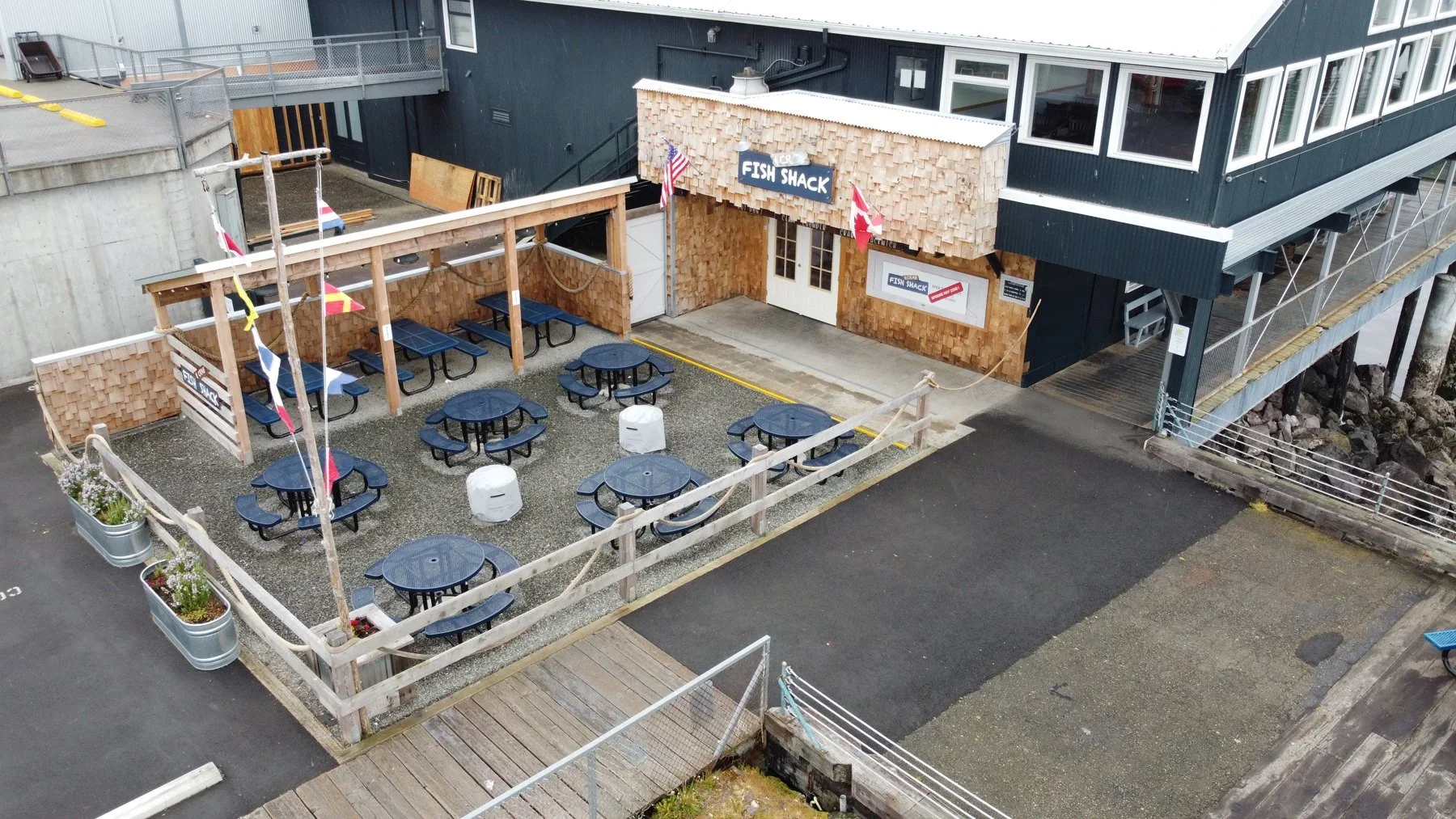Exterior view of a seafood restaurant called Fish Shack