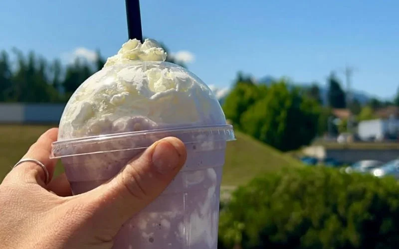 Close-up of a hand holding a plastic cup filled with vanilla ice cream topped with whipped cream and a black straw, with a clear blue sky and green trees in the background.