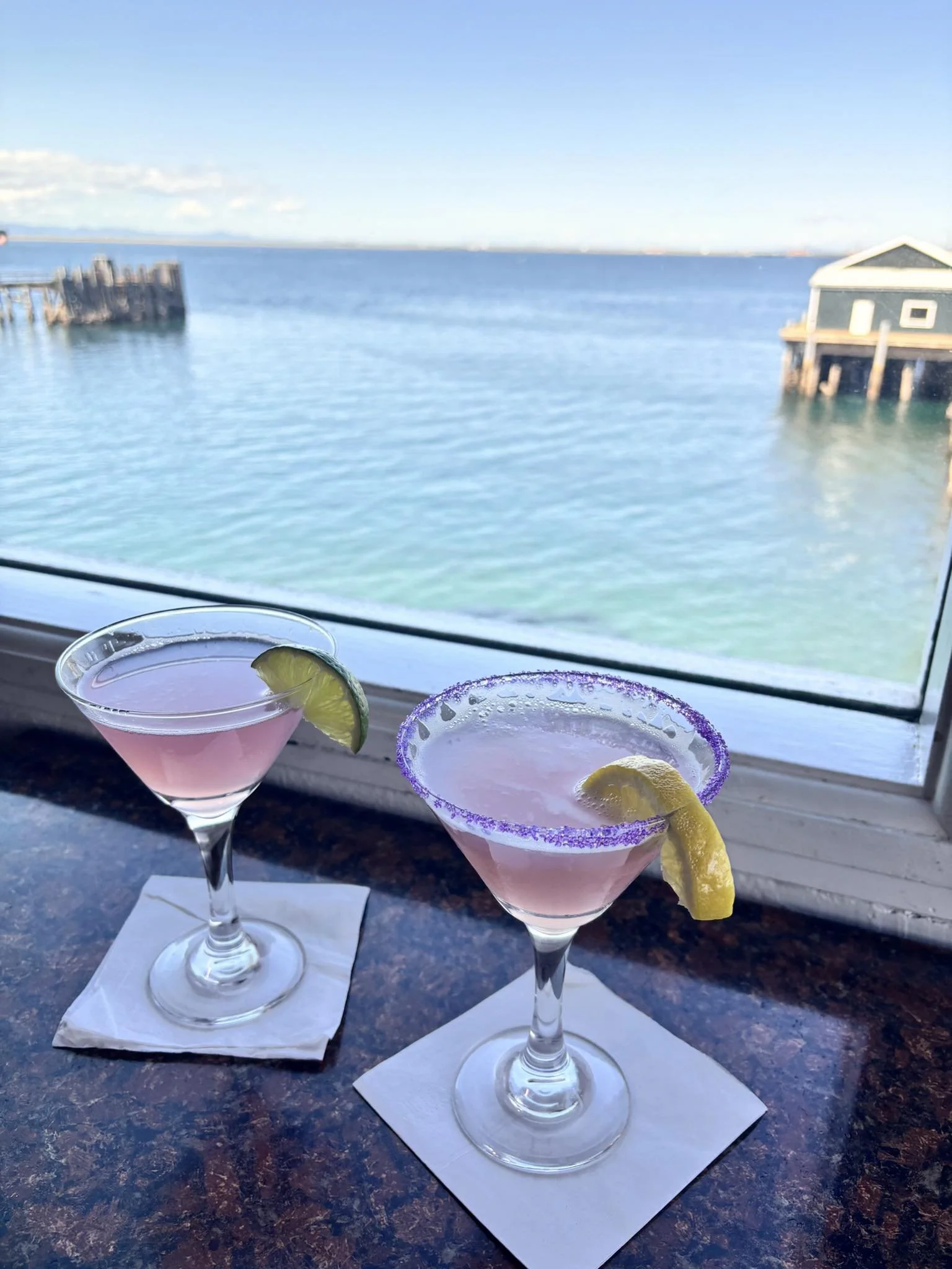 Two drinks by the window of Downriggers on The Water in Port Angeles