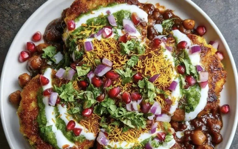 Close-up of an Indian dish, crispy breaded cutlet topped with chopped onions, pomegranate seeds, cilantro, shredded cheese, yogurt, and green chutney, served on a white plate.