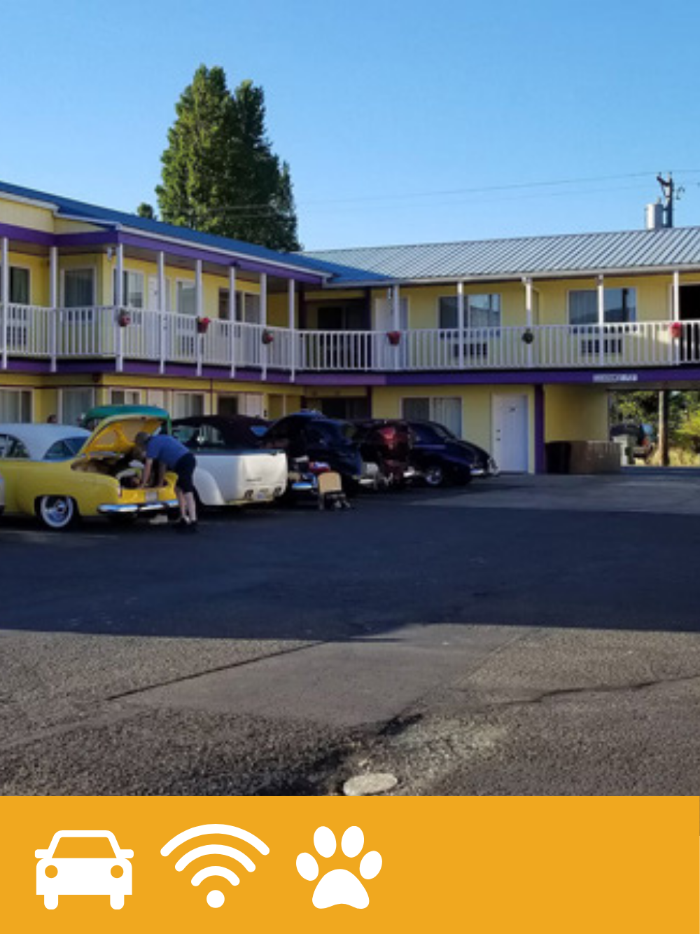 A man working on a yellow vintage car with its hood open in front of a two-story yellow apartment building with purple and white accents, several cars in the parking lot, and a tall tree against a clear blue sky.