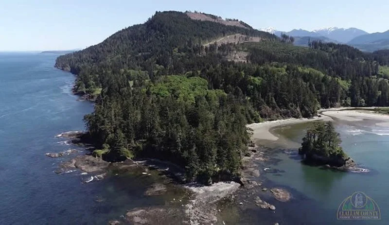 Aerial view of a coastal landscape with forested hills and a small island off the shore, with mountains in the background.