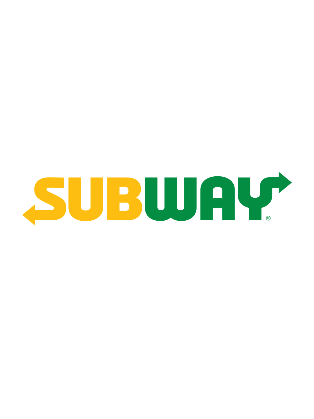 Subway logo with 'SUB' in yellow and left arrow, 'WAY' in green with a right arrow, on a white background.