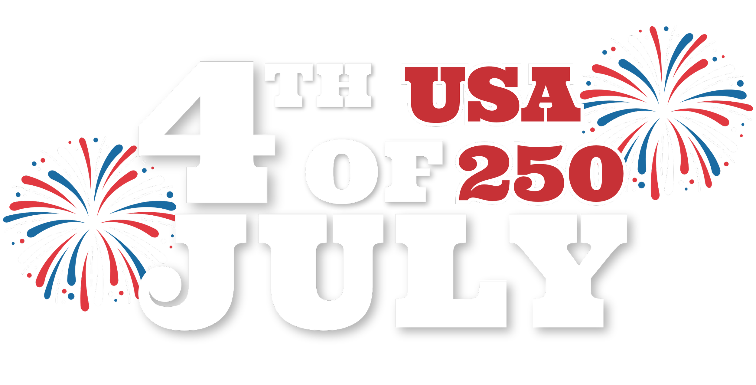 Celebrating the 4th of July with fireworks and patriotic graphics, displaying the message "Happy 4th of July, USA, 250".