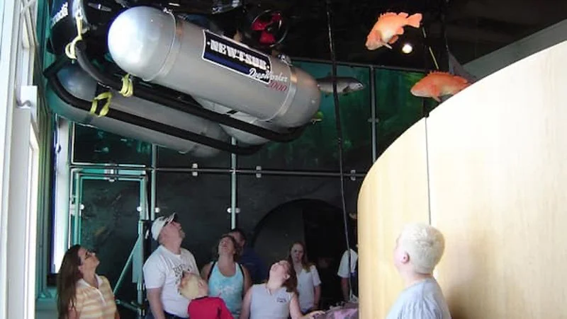 A group of children and a woman observing a suspended model of a submarine with fish swimming above at an aquarium or science center.
