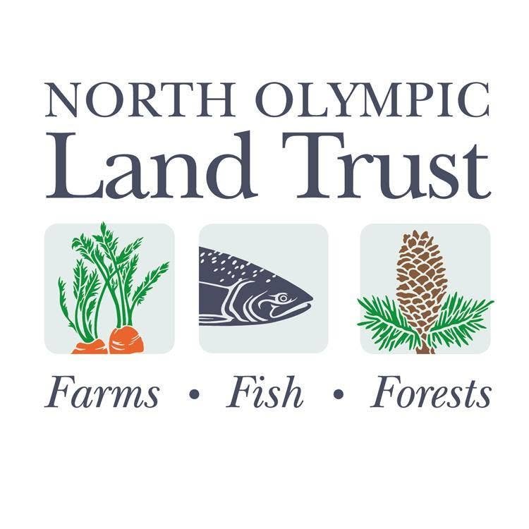 The North Olympic Land Trust logo, featuring graphics of carrots, fish, and a pinecone over text that reads "Farms • Fish • Forests"