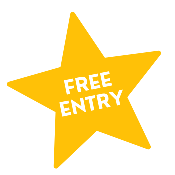 Yellow star with the words "FREE ENTRY" in white text.