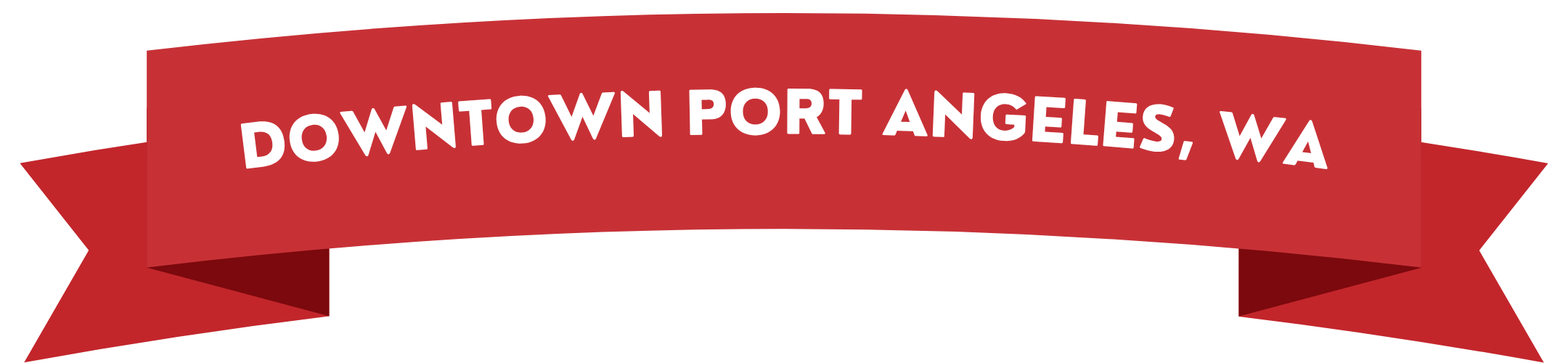 Red ribbon banner with white text that reads "DOWNTOWN PORT ANGELES, WA".