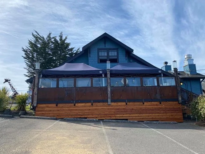 Blue house with a large outdoor deck and black railing, shade umbrella, and some trees and shrubs in the background.