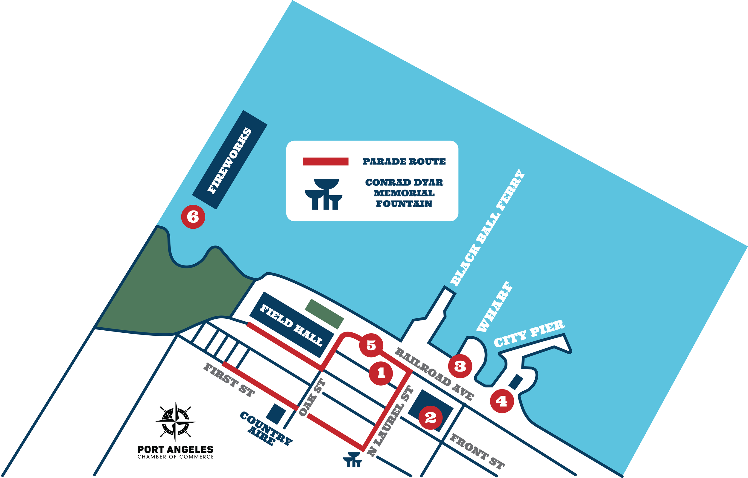 Map of a section of Port Angeles with streets, landmarks, and points of interest marked, including the Connie Dyar Memorial Fountain and a designated parade route.
