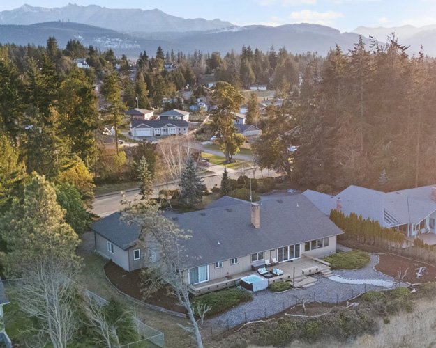 Aerial view of a residential neighborhood with houses, trees, and a mountain range in the background during sunset.