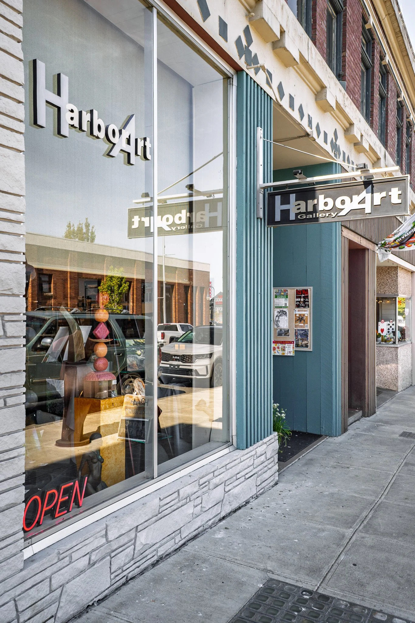 The outside storefront of Harbor Art Gallery in downtown Port Angeles, WA.