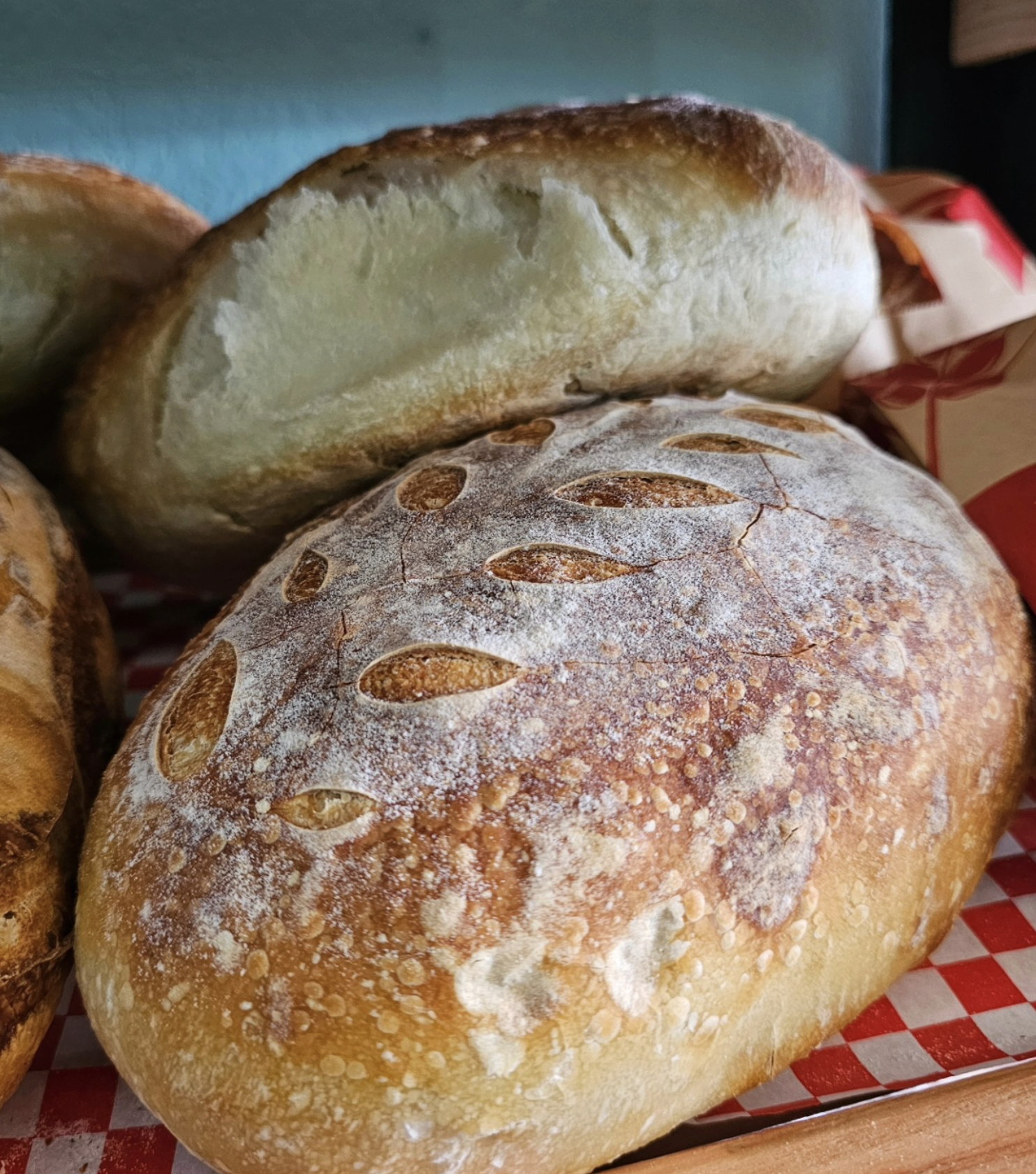 Close-up of baked bread with scored pattern on top, crusty and dusted with flour.