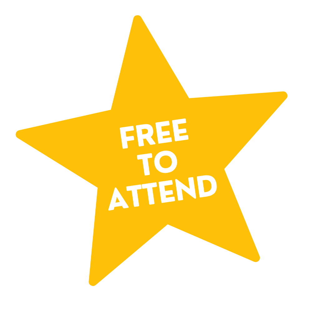 A yellow star with text that says "Free To Attend"