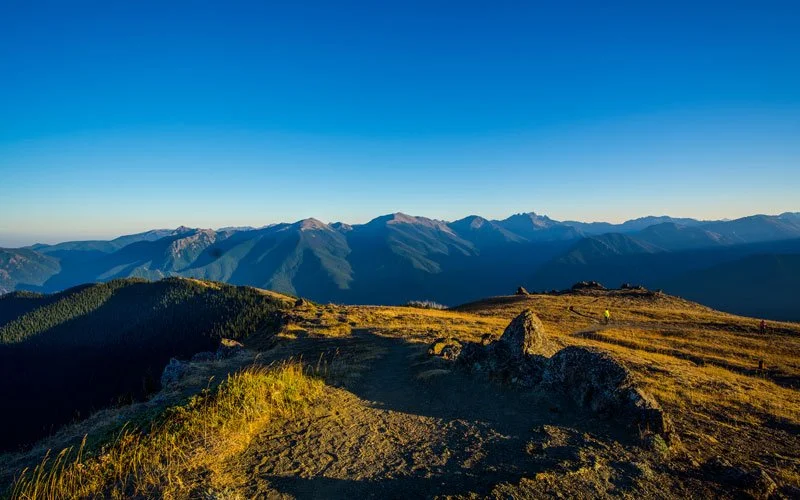 A mountain landscape with a dirt trail in the foreground, grassy patches, and a range of mountains in the background under a clear blue sky.