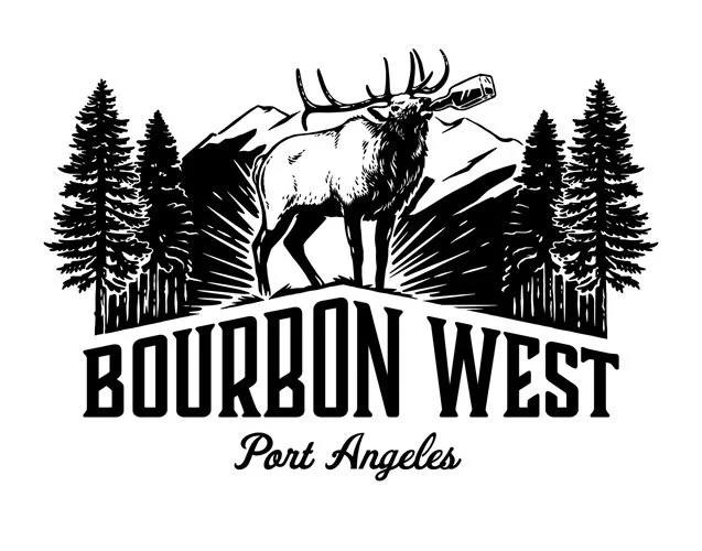 A black and white logo featuring a moose standing among pine trees with mountains in the background, and the text 'Bourbon West Port Angeles'.