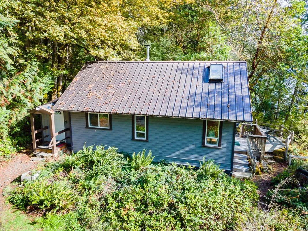 A small blue house surrounded by green trees and bushes, with a metal roof and a deck on one side.