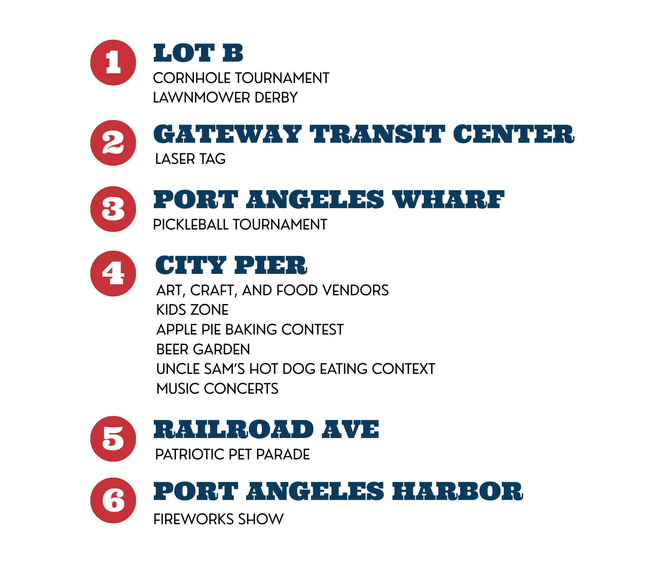 Event schedule listing with numbered items and descriptions, including activities like cornhole tournament, laser tag, pickleball tournament, art and craft vendors, patriotic parade, fireworks show, and port angels harbor.