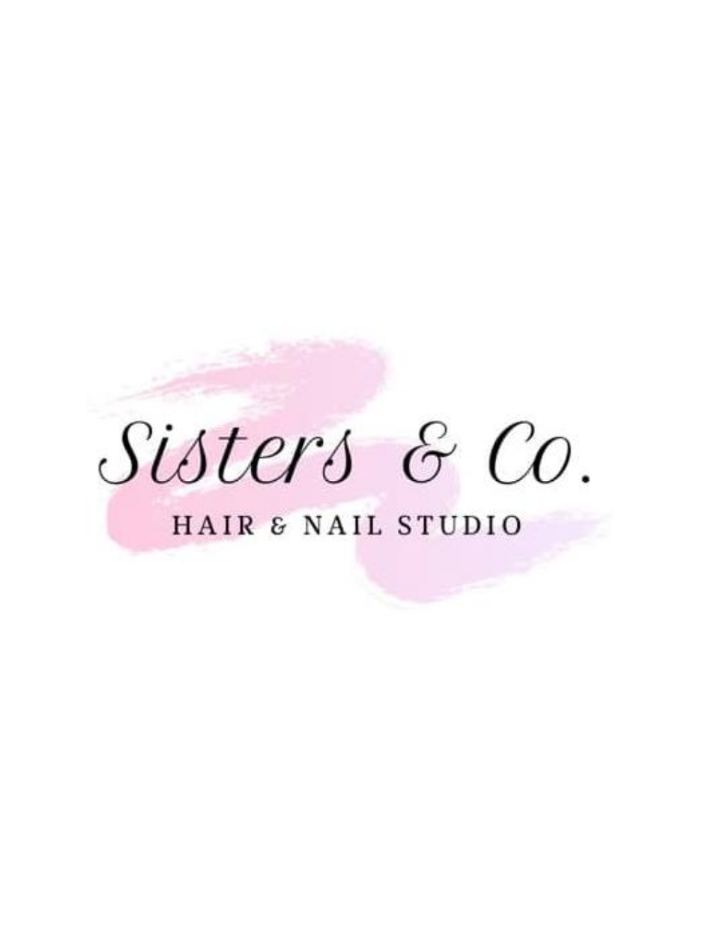Logo for Sisters & Co. Hair & Nail Studio with pink and purple brush strokes background.