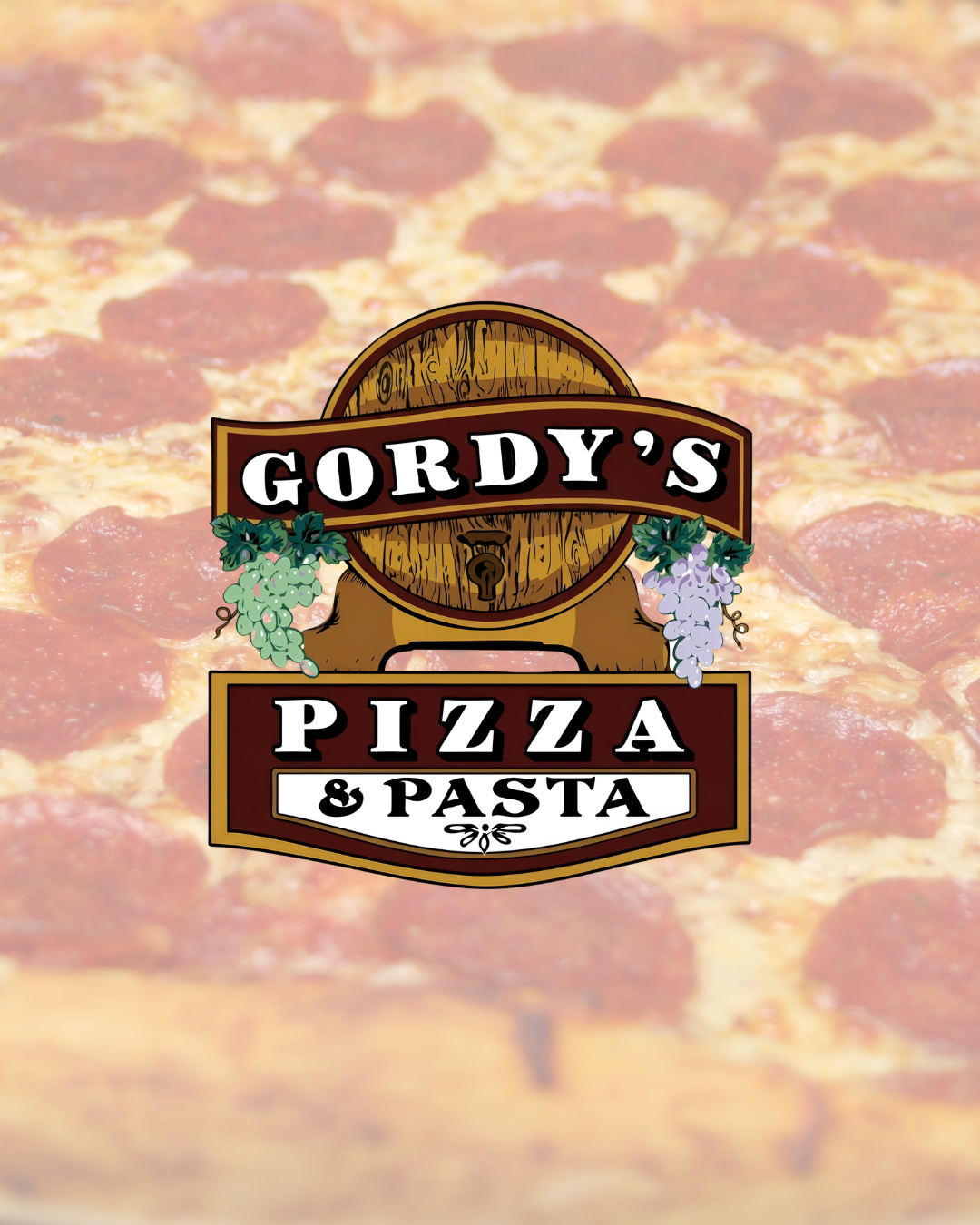 Gordy's Pizza & Pasta logo with a pizza background
