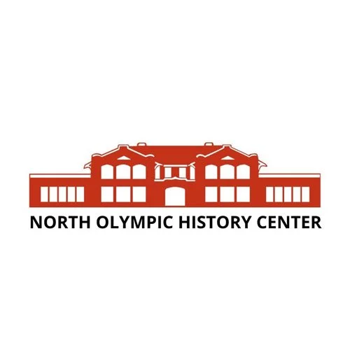Logo of the North Olympic History Center, featuring a red outline of a historic building with multiple sections and windows, and the name in black text below.