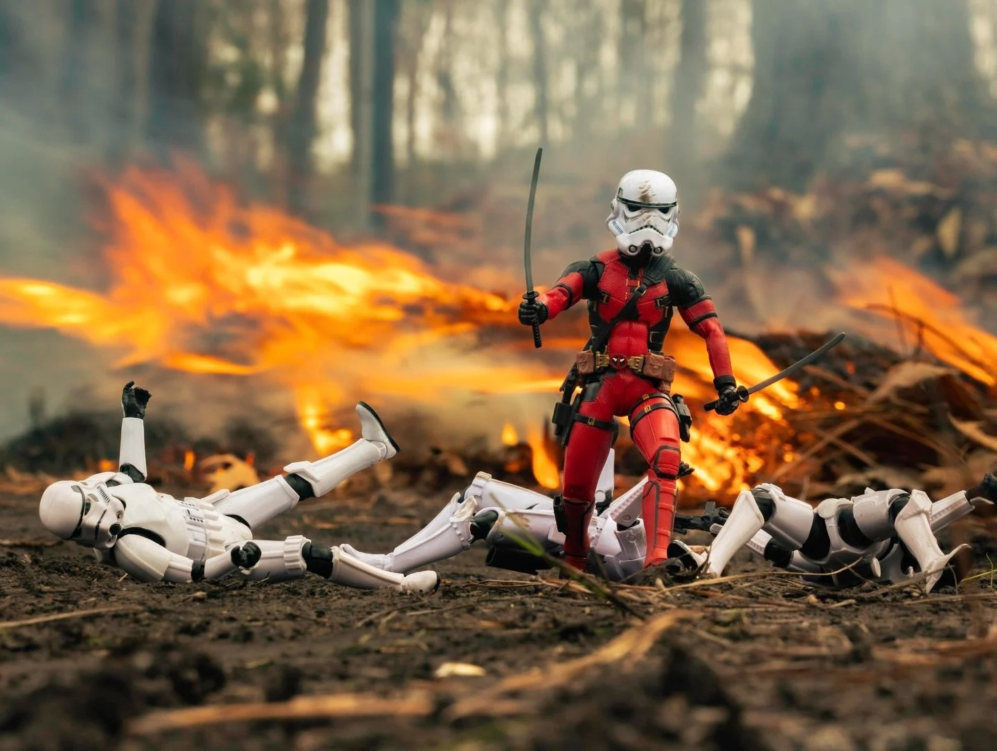 Deadpool is wreaking havoc on Stormtroopers amidst a blazing inferno! Of course Deadpool took one of their helmets!

BTS: We did a control burn and I setup my toys in front of the fire.

#deadpool #stormtroopers #toyphotography