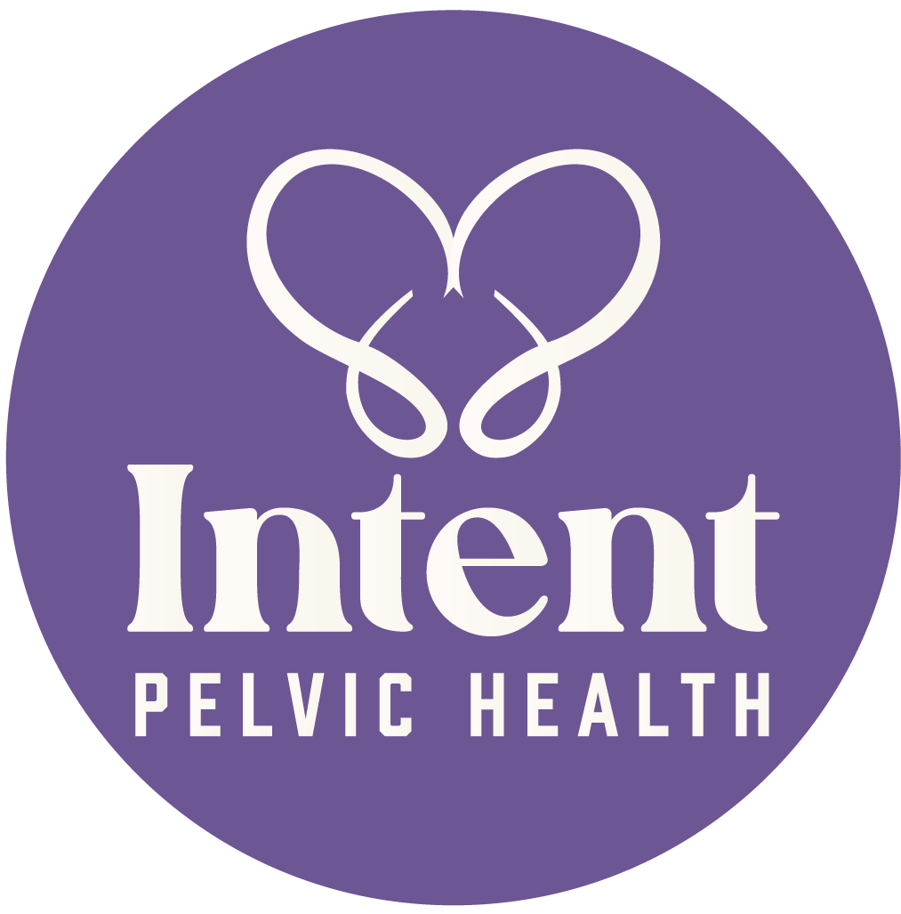 Purple circular logo for Intent Pelvic Health with a white abstract symbol resembling two intertwined hearts or loops at the top and the words 'Intent Pelvic Health' in white lettering.