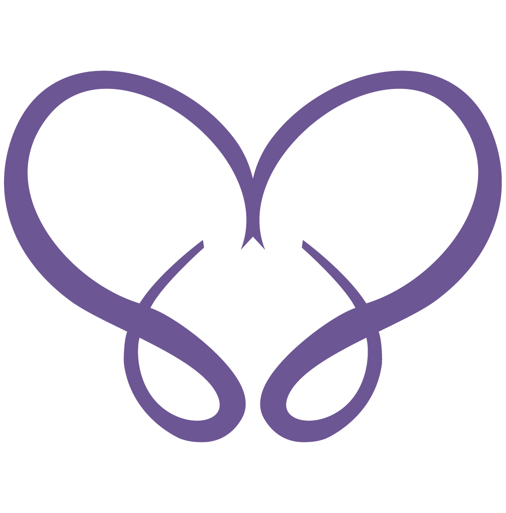 A stylized purple butterfly with symmetrical, curved lines forming its wings.