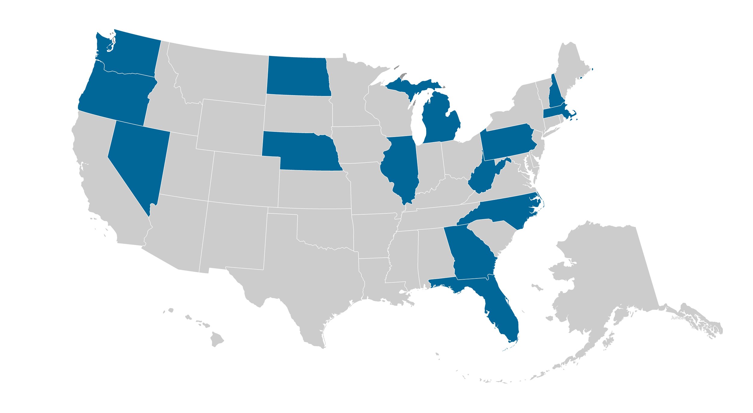 A map of the United States and the states that currently have a connection to BHWCA are shown in teal.