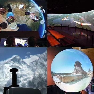 Collage of four images related to space and Earth. Top left shows Earth with various spacecraft orbiting. Top right displays an indoor space exhibit with models of spacecraft and Earth in the background. Bottom left depicts a view of snow-covered mountains with a telescope or observatory in the foreground. Bottom right features a crystal ball with a reflection of an indeterminate outdoor scene.
