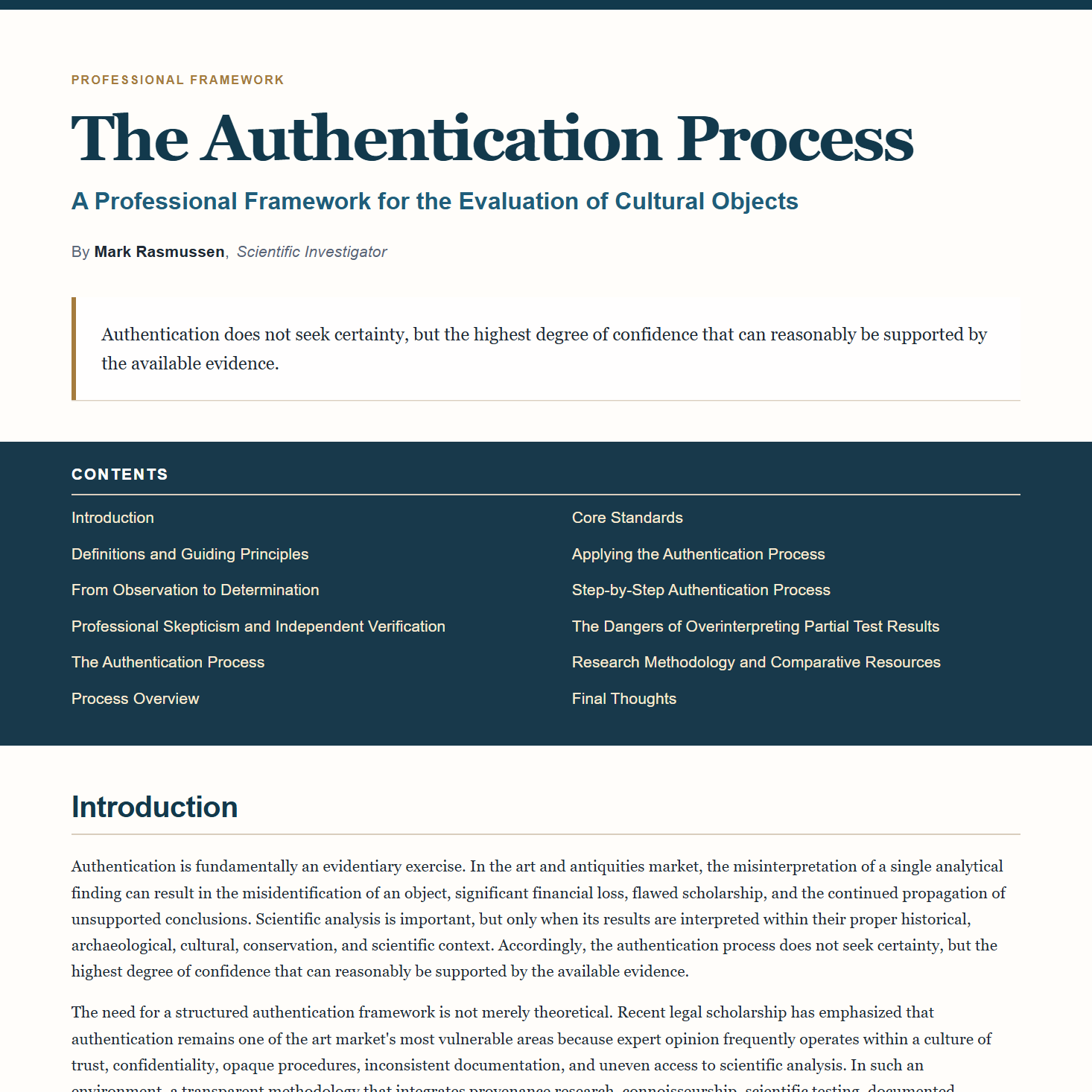 The Authentication Process — A Professional Framework for the Evaluation of Cultural Objects