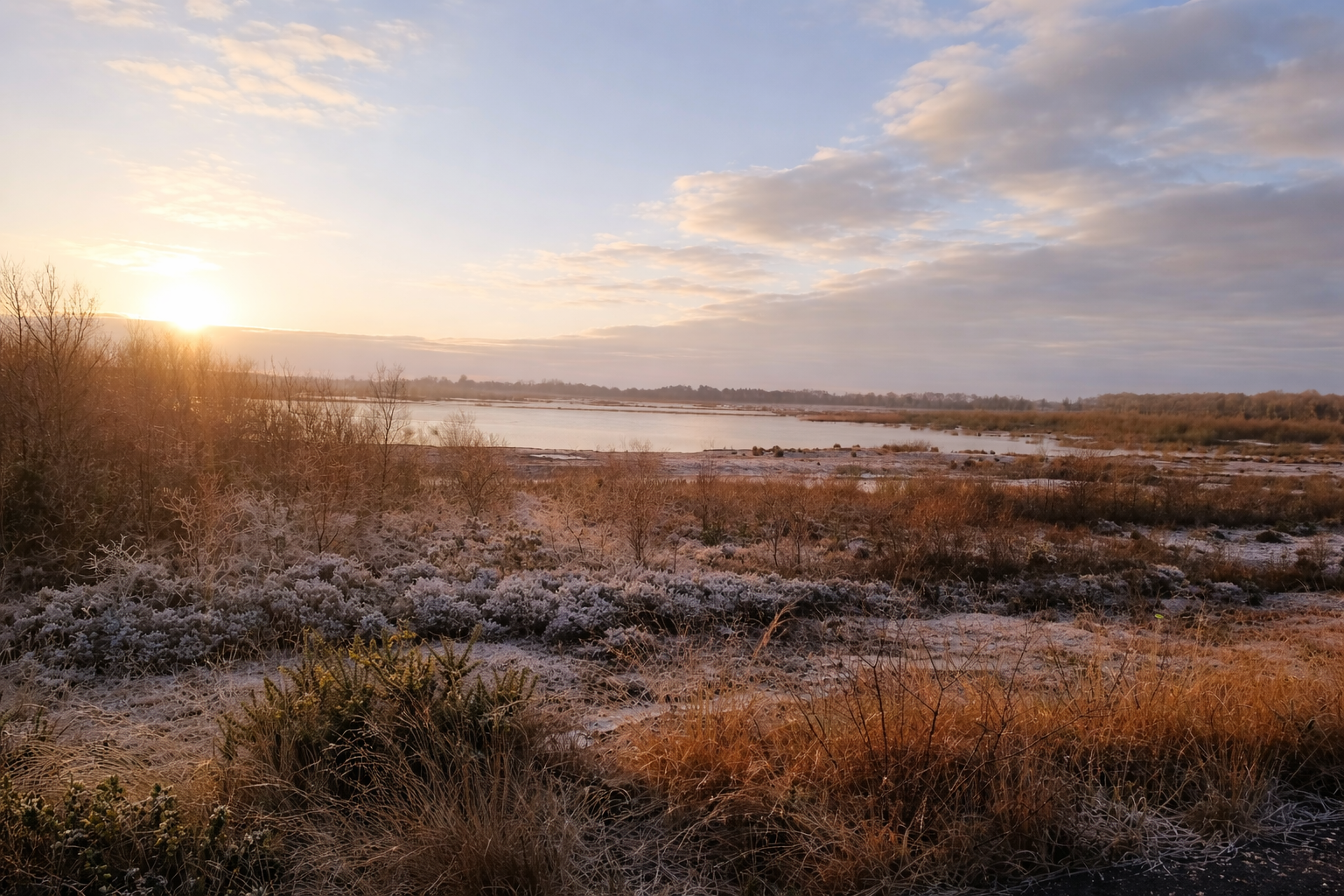 Frosted wetland landscape in Ireland at sunrise