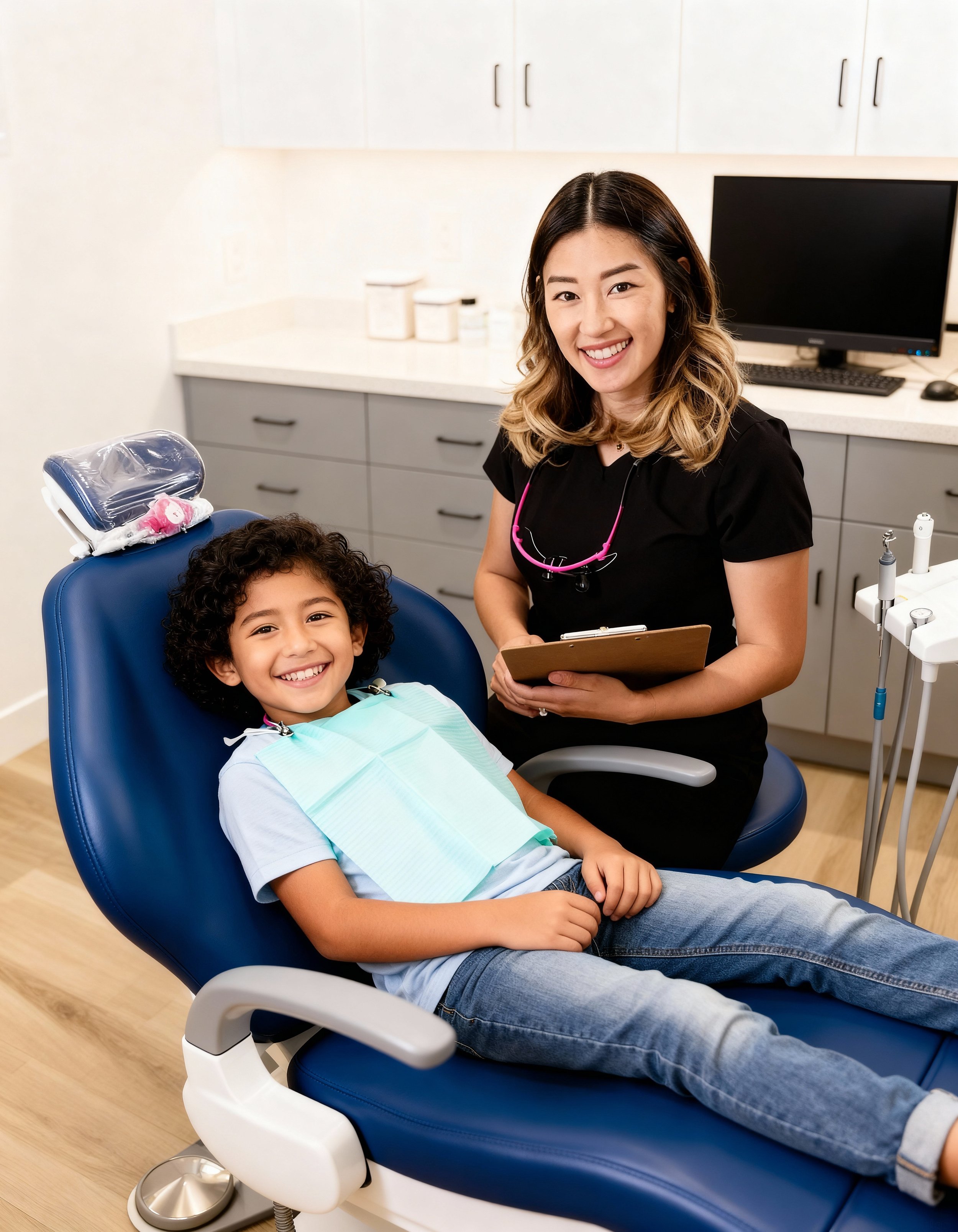 Dr. Jae Kwak, Tustin's most trusted top-rated dentist for infants and kids in her office with patient