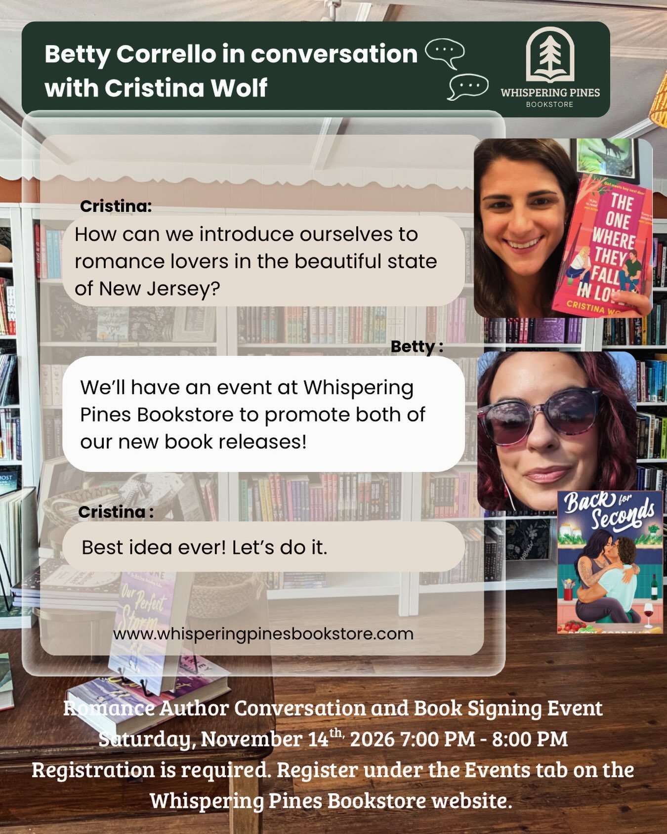 Our first author event is on the books! Sign up under Events at www.whisperingpinesbookstore.com to attend this In-Conversation event with romance authors Betty Corello and Cristina Wolf. We want to celebrate Betty&rsquo;s new release Back for Second