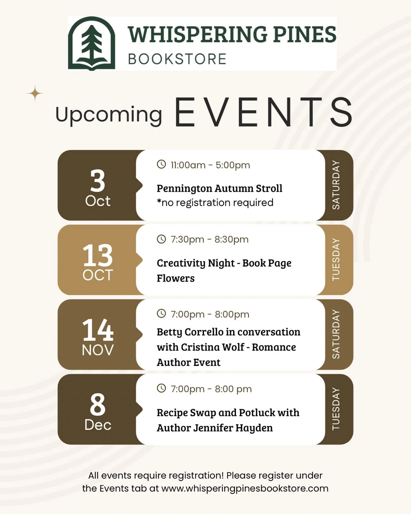 Upcoming events at Whispering Pines Bookstore! Head over to the website to register. 📕