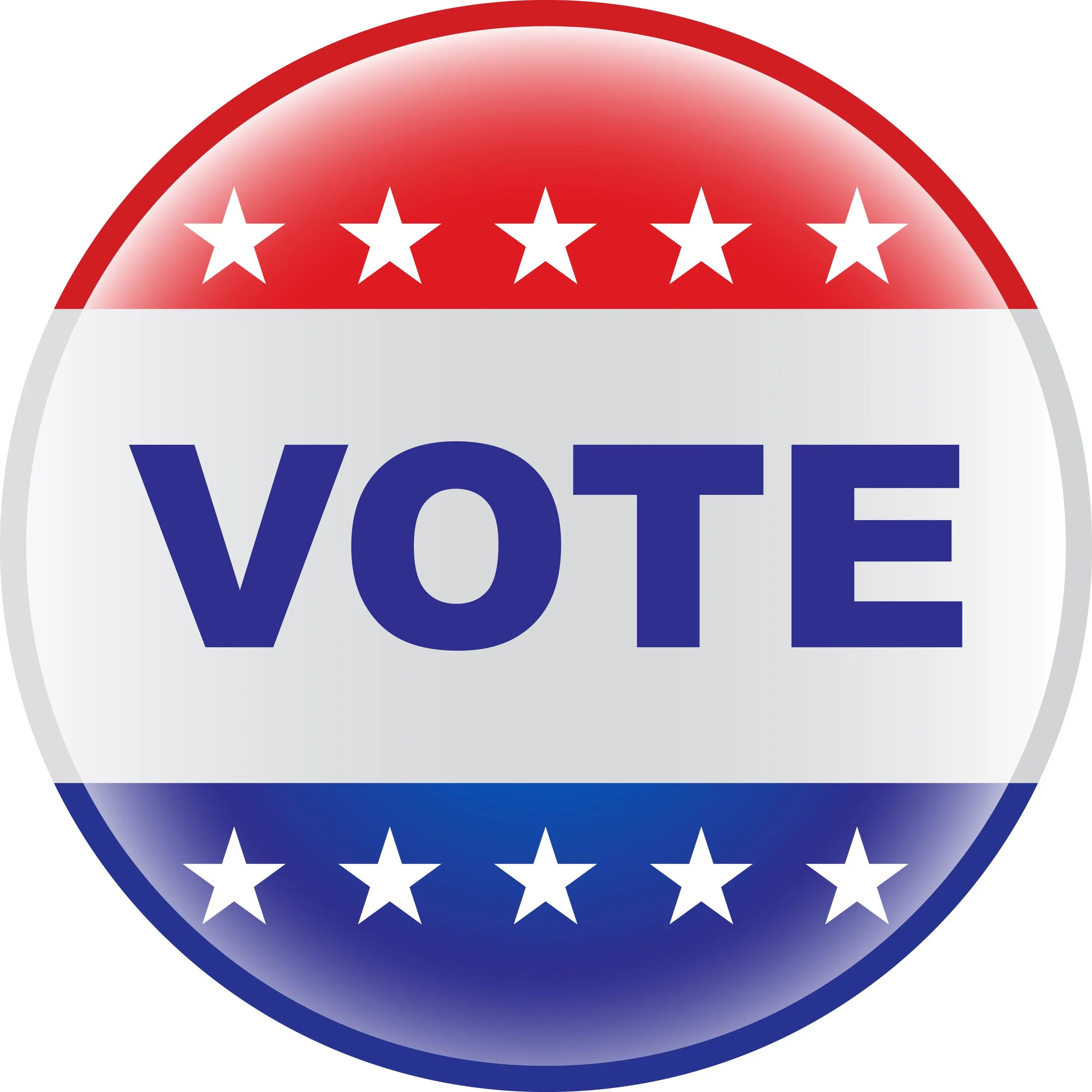 Political badge with red, white, and blue colors, featuring the word 'VOTE' in bold blue letters.