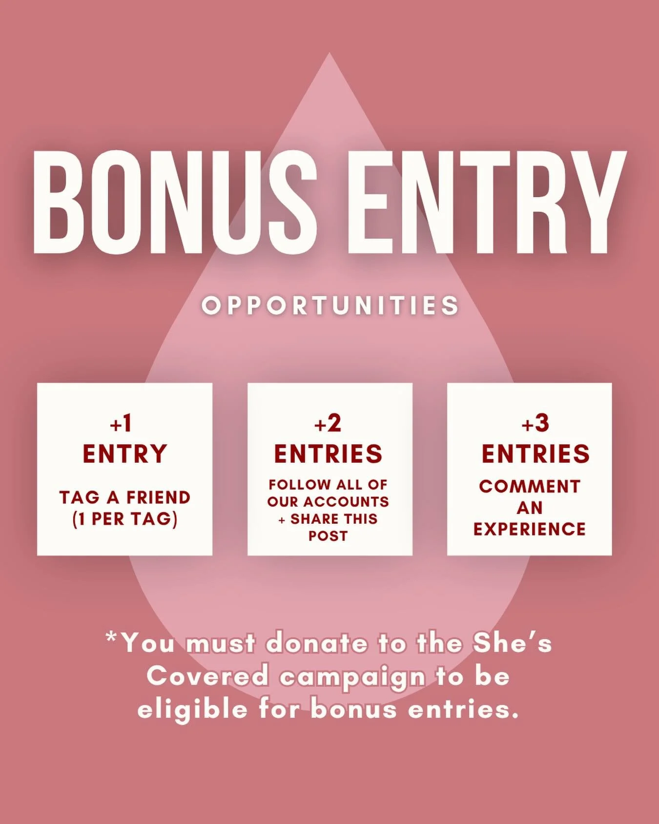 We are truly blown away by the love and support She&rsquo;s Covered has received so far&nbsp;

There are 3 days left to enter, and to say thank you to our amazing donors, we&rsquo;re giving you the chance to earn FREE bonus entries
How to earn extra 