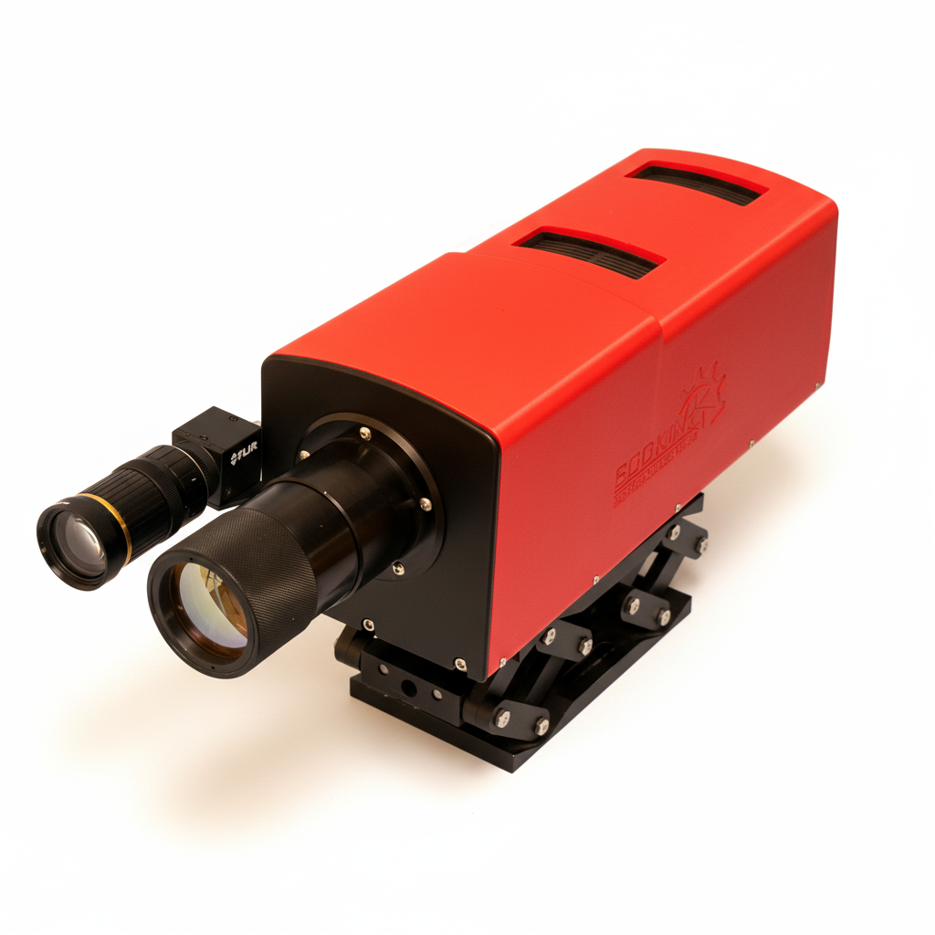 A scientific red laser device with multiple lenses and attachments on a white background.